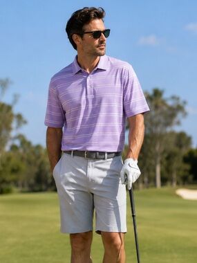 Dunning Golf Men's Short Sleeves Pique Lilac Striped Golf Polo Collared Size XL